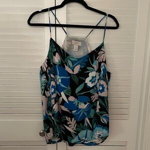 LOFT Black Floral Spaghetti-Strap Cami with Blue and Teal Flowers